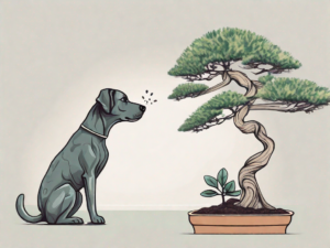 A curious dog sniffing a bonsai tree