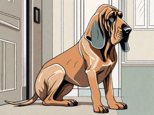 A vigilant bloodhound dog sitting at the entrance of a house