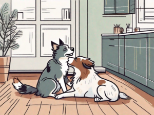 An australian shepherd dog playfully interacting with a cat in a friendly home environment