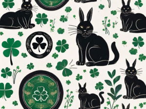 A black cat with prominent whiskers sitting next to various symbols of good luck