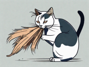 A calico cat playfully entangled in a feather duster