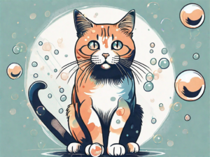 A curious cat playfully swatting at floating soap bubbles