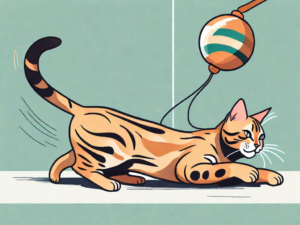 A bengal cat playfully swiping at a dangling toy