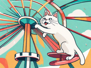 A whimsical cat joyfully riding a colorful merry-go-round