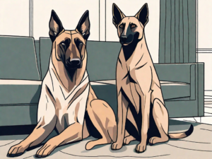 A belgian malinois dog and a cat sitting together peacefully in a living room