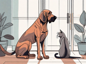 A friendly bloodhound dog interacting peacefully with a cat in a home environment