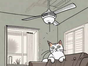 A startled cat looking up at a spinning ceiling fan from a safe distance