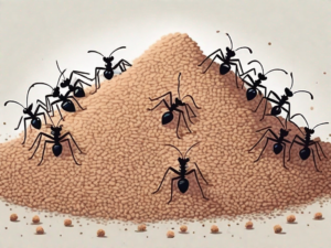 A curious group of ants exploring a pile of cat litter