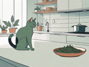 A curious cat sniffing a bay leaf on a kitchen countertop