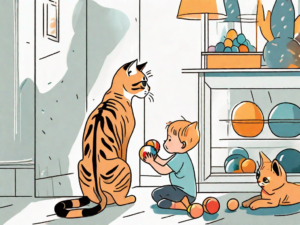 A playful bengal cat interacting with a child's toys in a kid-friendly environment