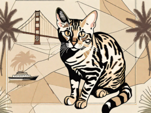 A bengal cat sitting on a california state map