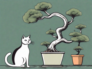 A curious cat cautiously approaching a small bonsai tree