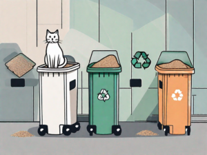 Several different types of cat litter boxes placed near a recycling bin