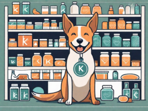 A dog happily playing in a pet-friendly store filled with shelves of various pet supplements