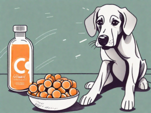 A dog happily licking a vitamin c tablet placed in a dog bowl