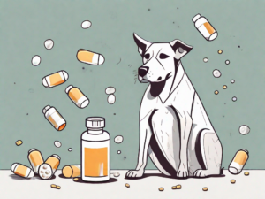 A worried dog sitting next to a chewed up vitamin d bottle