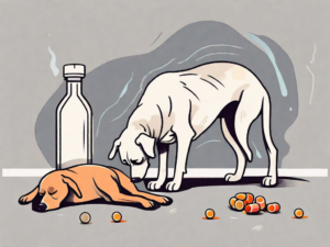 A dog looking sickly with a bottle of vitamin a spilled nearby