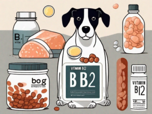 A dog next to a variety of vitamin b12 rich foods and a small bottle of vitamin b12 supplement