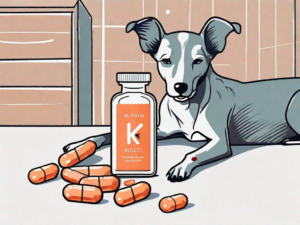 A dog next to a bottle of vitamin k tablets