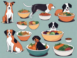 A few different breeds of dogs happily eating from bowls filled with colorful