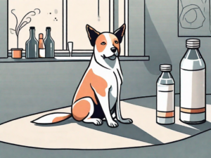 A dog sitting next to a bottle of human vitamin b12