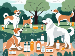 A variety of dog breeds happily playing with bottles of omega 3 and vitamin supplements in a park setting