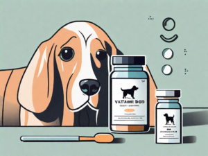 A boxy momma dog vitamin bottle next to a healthy