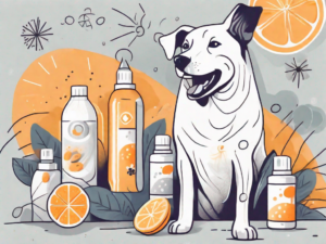 A dog happily playing outdoors with a bottle of vitamin c supplements nearby