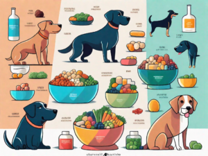 Various dog breeds happily munching on colorful