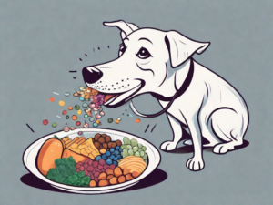 A diabetic dog happily eating a bowl of food that's bursting with colorful