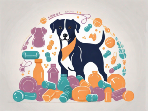 A variety of vitamins surrounded by dog toys and a silhouette of a dog