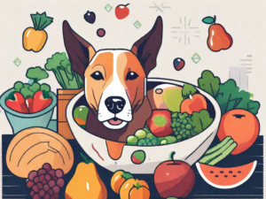 A healthy-looking dog happily eating from a bowl filled with colorful fruits