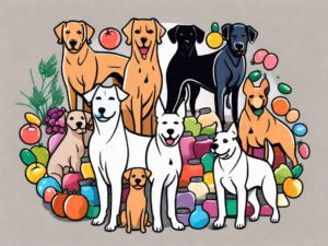 A variety of colorful vitamins surrounded by a few different breeds of dogs