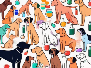 A variety of colorful vitamins surrounded by curious dogs of different breeds