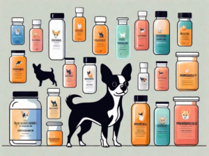 A variety of colorful vitamins and supplements surrounded by a few different small breed dogs like a chihuahua