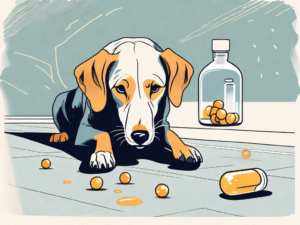 A curious dog sniffing a dropped vitamin d pill near a spilled bottle on the floor