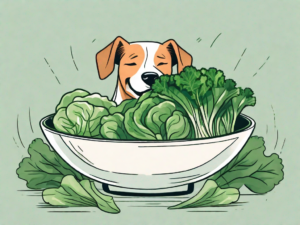 A dog happily chewing on a bowl of green leafy vegetables