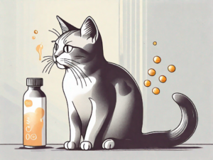 A cat sitting next to a bottle of vitamin d with the number 5000 on it