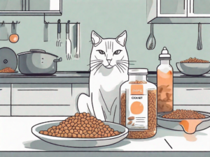 A kitchen counter with homemade cat food in a bowl