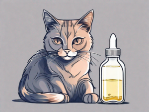 A healthy-looking cat with glossy fur sitting next to a small bottle of vitamin e oil