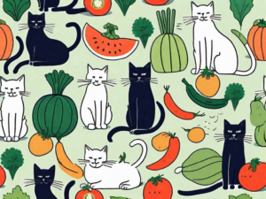 Several senior cats happily playing with different types of fruits and vegetables that are shaped like various vitamins