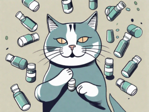 A cat curiously sniffing a bottle of vitamin d capsules