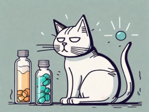 A worried looking cat with a vitamin d pill bottle tipped over nearby