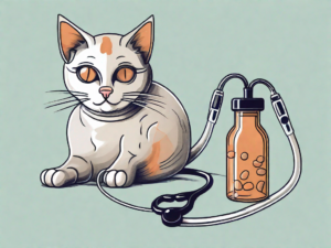 A cat comfortably resting with a bottle of vitamin b12 and a paw-shaped stethoscope nearby