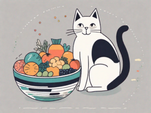 A pregnant cat happily eating from a bowl filled with various colorful symbols of vitamins