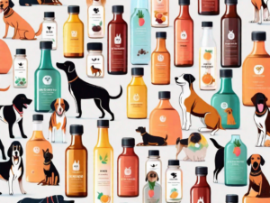 A variety of colorful vitamin syrups in bottles with dog-themed designs