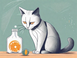 A curious cat looking at a bottle of vitamin d pills on a table