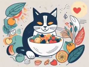 A cat happily eating from a bowl filled with colorful