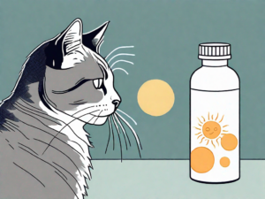 A worried-looking cat next to an empty pill bottle with a label showing a sun