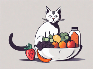 A cat happily eating from a bowl filled with colorful fruits and vegetables